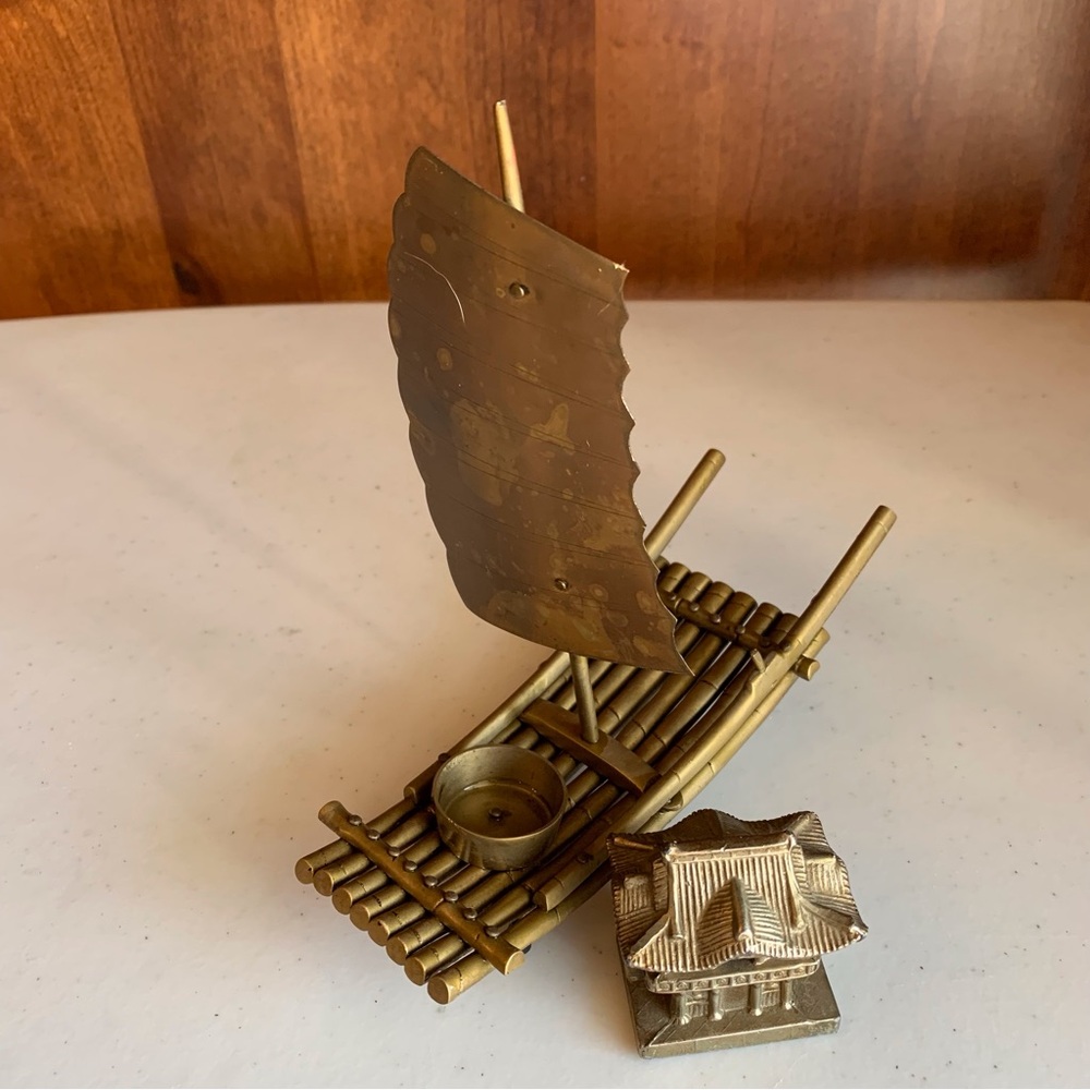 Vintage Solid Chinese Bamboo Boat Brass Cone Incense Candle Holder w/Pagoda